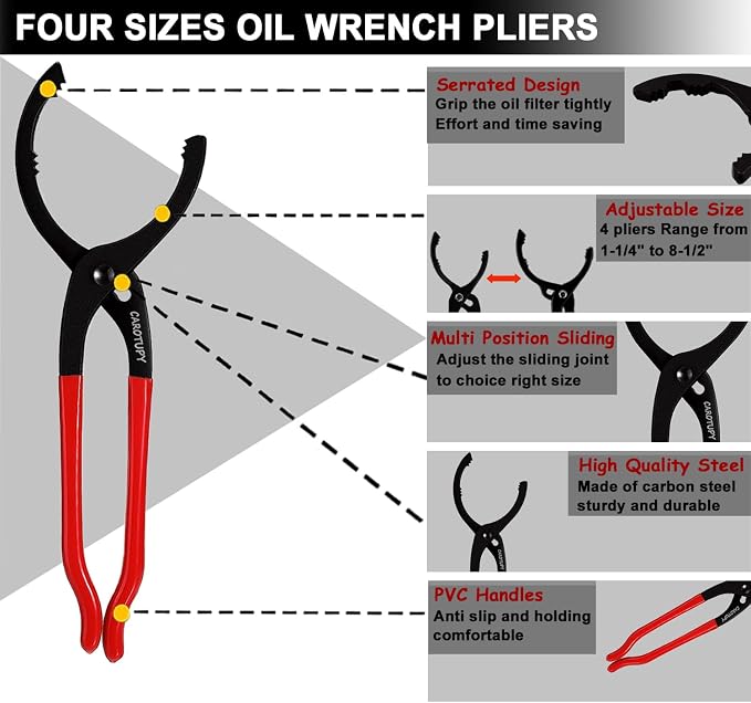 Oil Filter Wrench Set, Adjustable Oil Filter Pliers Set (6Pcs) | Universal Oil Filter Removal Tool 1-1/4" - 8-1/2", Adjustable 3-Jaw Oil Filter Wrench, Small Snap-On Oil Funnel