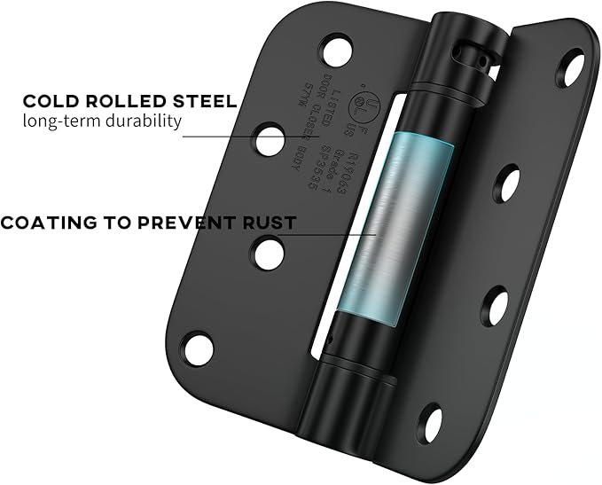 goldenwarm Black Self Closing Door Hinges 4 Pack, 4 inch x 4 inch Spring Loaded Door Hinges with 5/8" Radius Corners