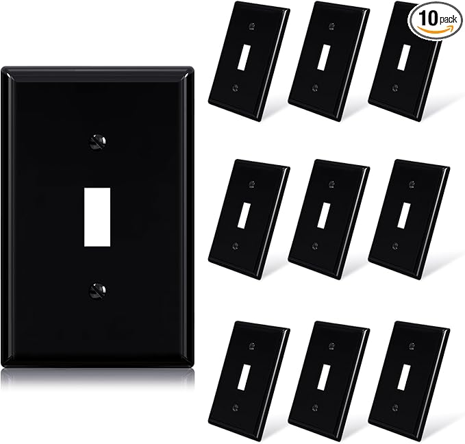 ELEGRP 1-Gang Mid Size Toggle Switch Covers, Light Switch Wall Plate, Unbreakable Polycarbonate Replacement Faceplates Covers, UL Listed, Color-matched Screws Included (10 Pack, Glossy Black)