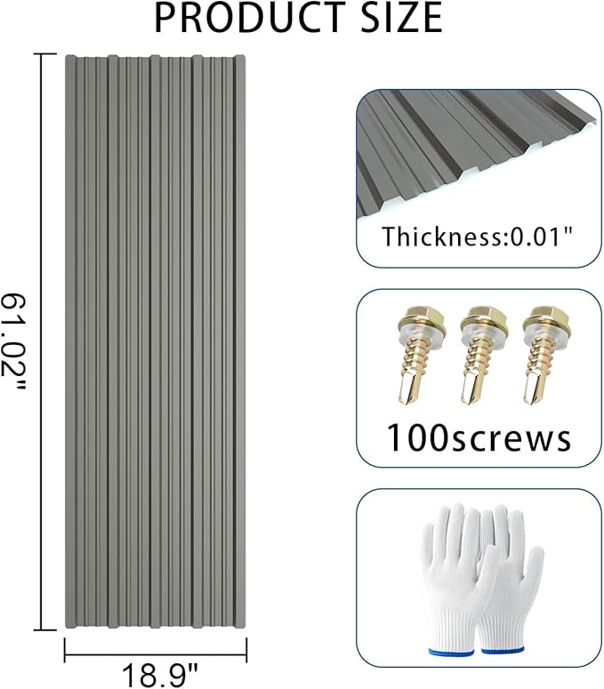 15 PCS 120 sq.ft Metal Roofing Panels, 61.02 * 18.9in Corrugated Galvanized Roof Panels, Waterproof Siding Panels with 100 Pcs Screws for Garages, Sheds, Stables and Mobile Homes