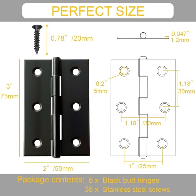 6 Pack 3 Inch Black Stainless Steel Butt Hinges with Screws, Heavy Duty Rust-Resistant Cabinet Door Hinges for Furniture, Jewelry Boxes, Cabinets, and DIY Projects