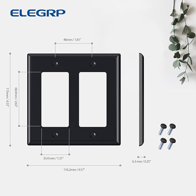 ELEGRP 2-Gang Decorative Wall Plates, Standard Size 4.53" H x 4.57" L Unbreakable Thermoplastic Faceplate Cover for Decorator Receptacle Outlet Switch, UL Listed (5 Pack, Glossy Black)