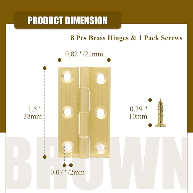 8pcs 1.5 Inch Brass Hinges, Mini Butt Hinges Cabinet Door Hinge, Box Hinge for Jewelry, Wooden Box, Small Cupboard Furniture (Gold)