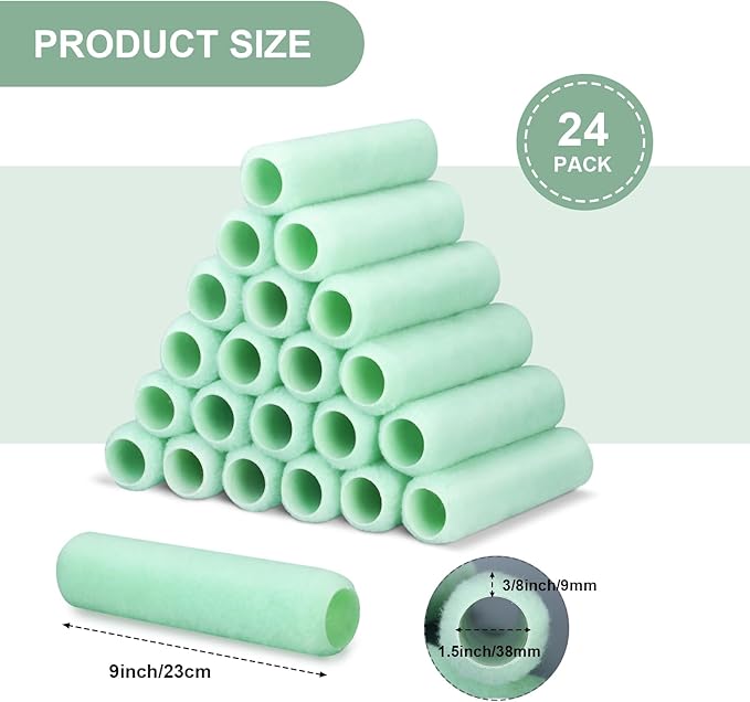 Gisafai 24 Pcs Paint Roller Covers Paint Rollers for Painting Walls Roller Paint Brush 3/8 Inch Nap Microfiber Roller Naps House Painting Supplies Paint Roller Kit for Walls Ceilings (Green,9 Inch)