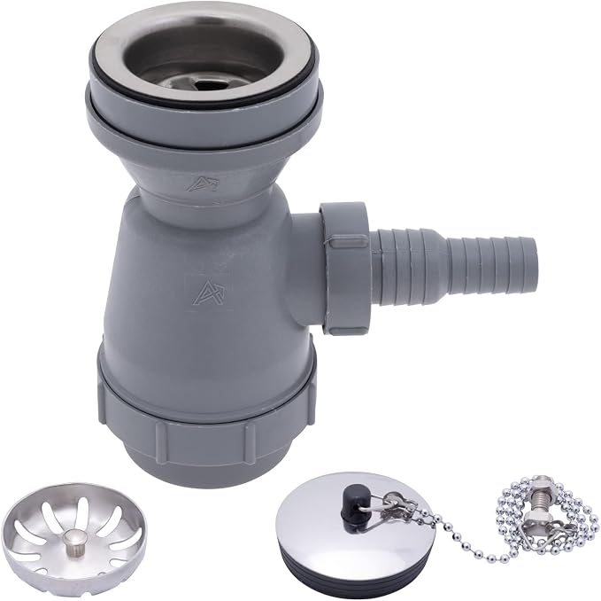 Ambassador Marine - 2 inch Drain, Trap Sink Drain, 3/4 inch & 1 inch Hose Barb, w/Strainer, w/Chain Stopper - Brushed Finish - S00-1108-BP-W