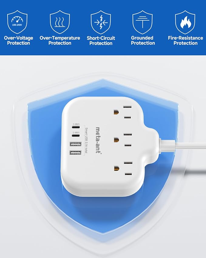 US to India Plug Adapter, meta-ant India Power Adapter with 3 American Outlets 4 USB Charger Ports(2 USB C), 5FT India Extension Cord, Type D Travel Adapter for USA to India Bangladesh Maldives Nepal