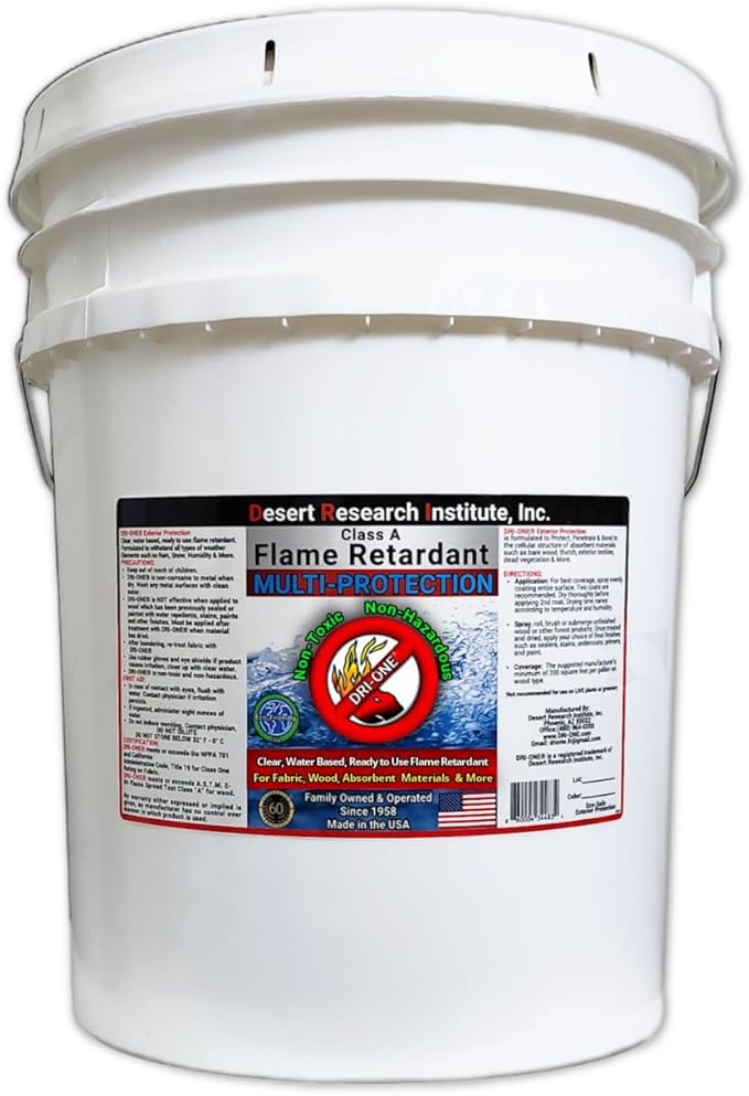 Fire Retardant Spray Liquid Solution for Natural Textiles, Raw Wood, Absorbent Materials & More - Class A Flame Retardant -Eco Safe - NFPA 701- ASTM E84-5 Gallon pail of DRI-ONE®