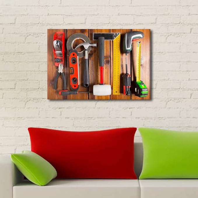 Blue Background House Renovation Tools and Accessories Top View Picture 1 Panels Canvas Wall Art Tape Measure and Hammer Poster Framed Artwork for Home Living Room Bedroom Wall Decor (12" Wx18 H)