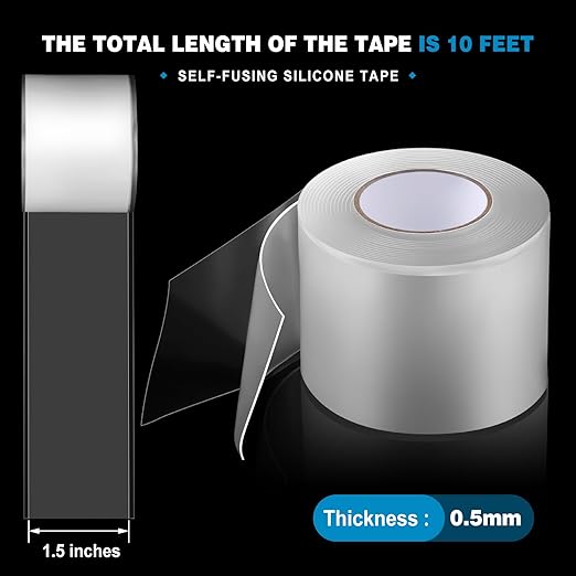 1.5 Inch x 10 ft Self Fusing Silicone Tape Waterproof Thickness 0.5mm Silicone Rubber for Plumbing, Sealing Pipes, Hose Repair, Outdoor Coax and Electrical Cables(Transparent)
