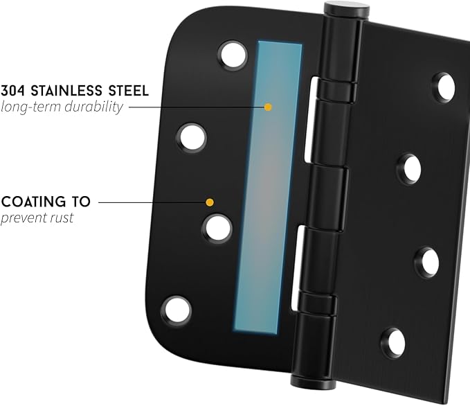 goldenwarm 3 Pack 4'' Matte Black Door Hinges – Ball Bearing 304 Stainless Steel Hinges for Exterior Doors, Square & Round Corners