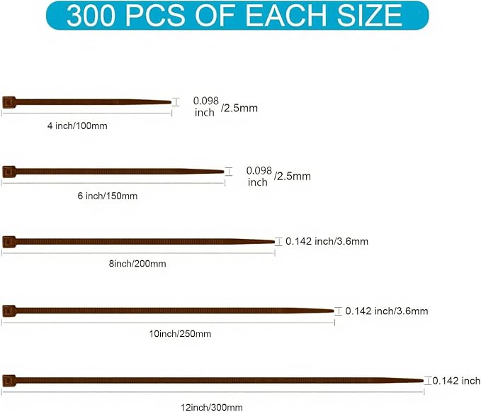 XINGO Brown Zip Ties Assorted Size 1500 Pack, 4+6+8+10+12 Inch, Self-Locking UV Resistant Nylon Cable Ties Perfect for Home, Office, Garden and Workshop