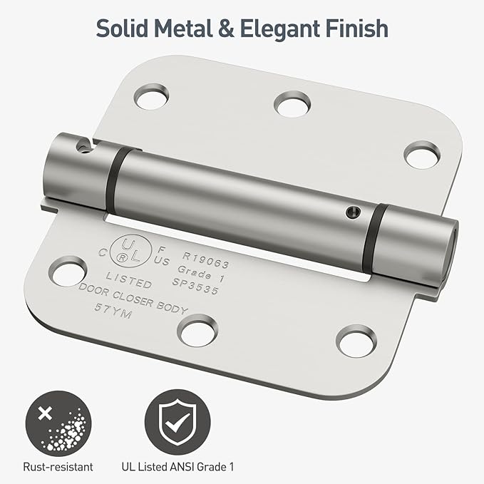 HOSOM Self Closing Door Hinges 3.5 Inch, Spring Loaded Hinges, Adjustable Tension for Interior Door, UL Listed, for Left and Right Hand Door, 5/8'' Radius Corners, Brushed Nickel, 1 Pack