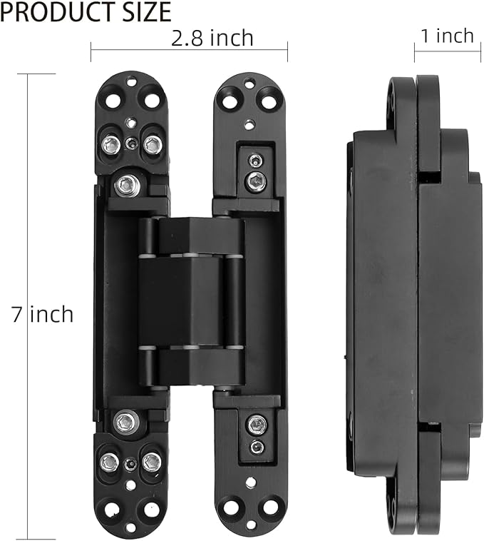 2-Pack 7 inch Black Hidden Door Hinges Heavy Duty, Zinc Alloy Invisible Hinges, Concealed 180 Degree Swing Hinge, 3 Way Adjustable Butt Hinge
