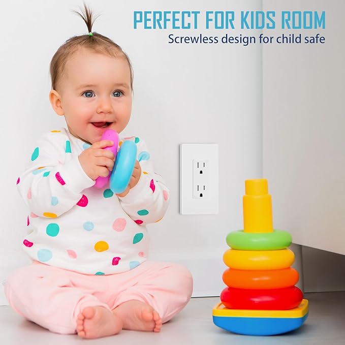 TAKETEK Screwless Decorator Wall Plate, Child Safe Outlet Cover, 1-Gang White Switch Plate Covers, Unbreakable Polycarbonate Thermoplastic, Standard Size, Glossy, 10 Pack