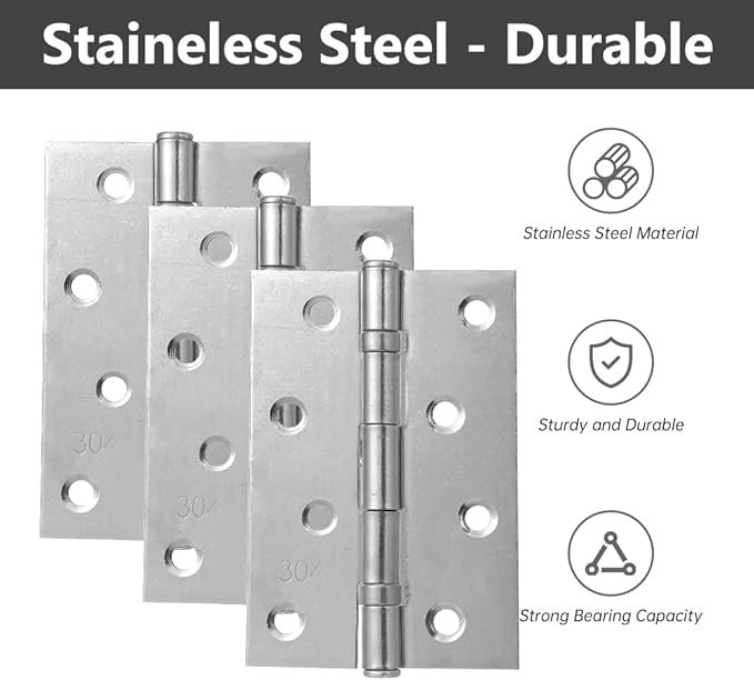 10 Sets of 3.5-inch Silver Door Hinges, Suitable for Doors and Windows, Furniture, Wooden crates, pet Houses, cabinets, Sturdy and Durable 304 Silver Household Door Hinges