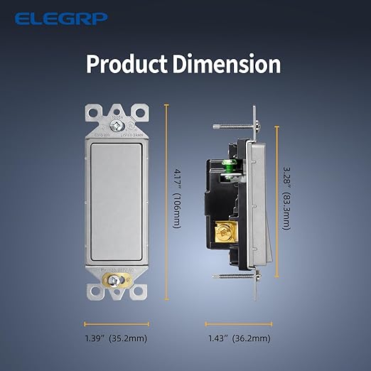 ELEGRP Matte Gray 3 Way Decorator Light Switch, 15A 120-277V, Paddle Rocker Switch Replacement, On/Off Wall Switch, Self-Grounding, Residential Grade, with Mid Wall Plate, UL/CUL, 2 Pack
