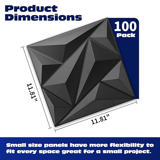100 Pack 3D Wall Panels Diamond, Black, 12''x12'' | PVC Accent Wall Panels for Interior Wall Decor, Living Room Lobby Bedroom Hotel Office