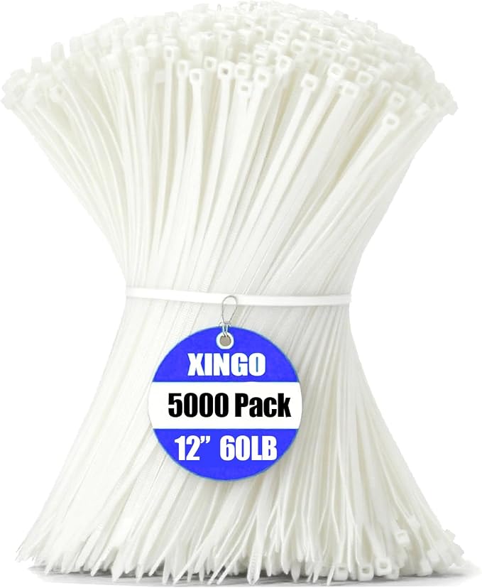 XINGO 5000 PCS White Zip Ties 12 Inch, 60 LBS Tensile Strength, Self-Locking Nylon Plastic Nylon PA66 Wire Ties for Indoor and Outdoor Use