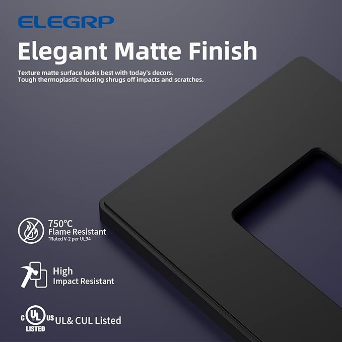 ELEGRP 1 Gang Screwless Decorative Wall Plates, Mid-Size Unbreakable Thermoplastic Faceplate Cover for Decorator Receptacle Outlet Switch, UL Listed (5 Pack, Matte Black)