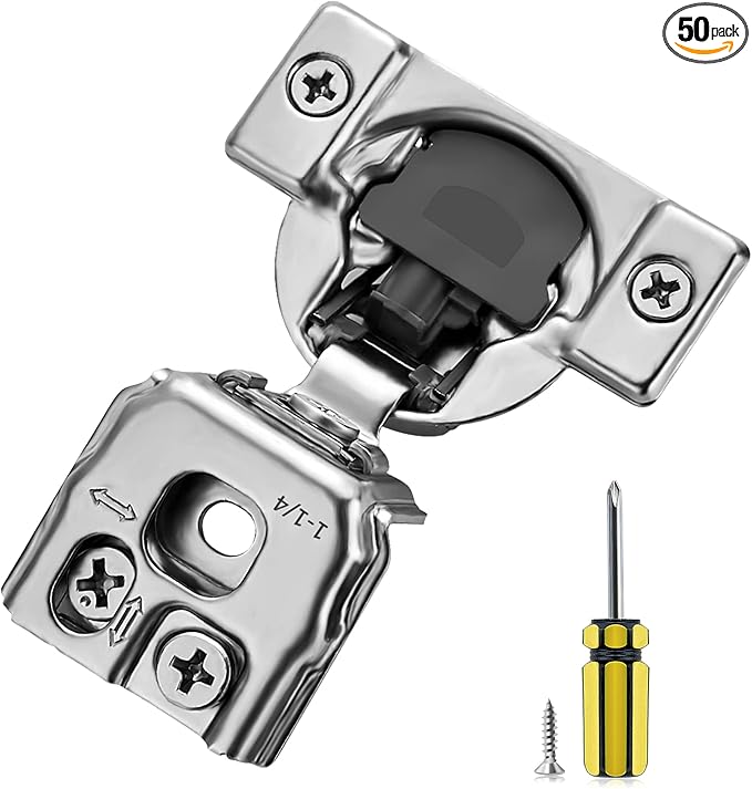 Ravinte 50 Pack 1-1/4 inch Overlay Cabinet Hinges - Soft Close, Hidden Door, Stainless Steel, Adjustable, Satin Nickel