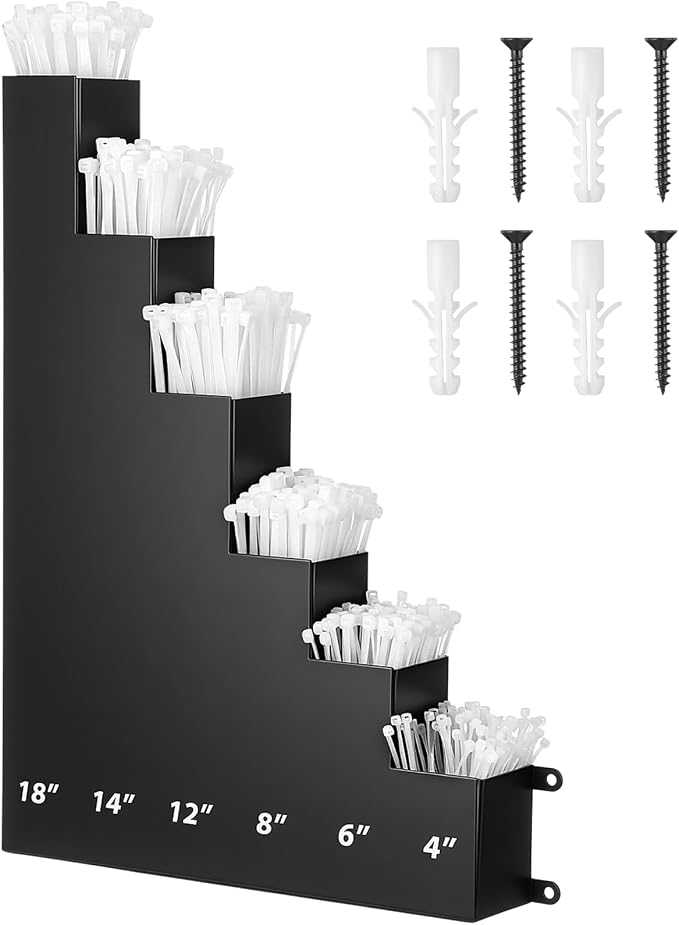Cable Zip Tie Storage Holder Rack Metal Zip Tie Organizer Wall Mount Pockets with Screws for Workshop Shed Garage Home Ties, Ties and Tools Not Include (Black,18 x 13 Inch,6 Pockets)