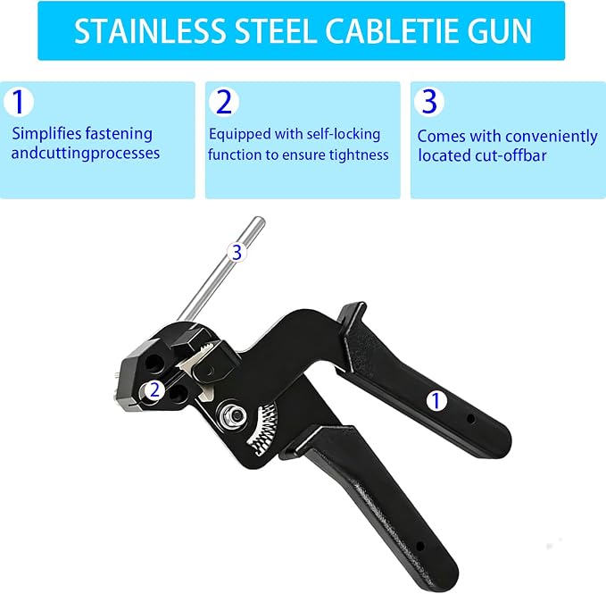 11.8in heavy-duty metal cable ties, 300 piece metal cable tie gun set, 304 stainless steel, multi-functional self-locking cable tie tool set, suitable for outdoor fencing, farms, and pipe bundling