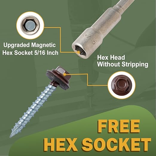 LIONMAX Metal Roofing Screws #10 x 1 Inch, 300-PCS, Brown Painted Hex Head Sheet Metal Roof Screws, Rubber Washer, Sharp Point, Metal to Wood Siding Screws, Hex Socket Included