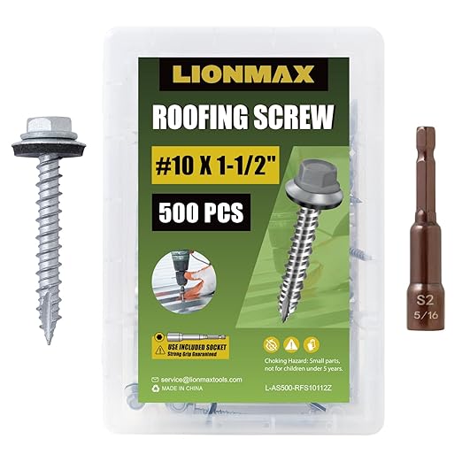 LIONMAX 500-PCS Metal Roofing Screws #10 × 1-1/2 Inch, Rustproof Coating Hex Head Sheet Metal to Wood Siding Screw with Rubber Washer, Sharp Point, Hex Socket Included