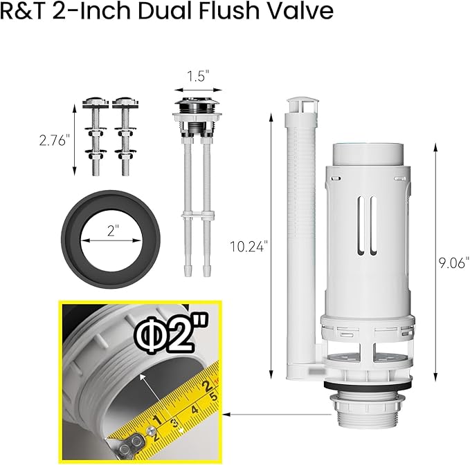 R&T 2-Inch Toilet Flush Valve Replacement Kit with Push Button, Tank to Bowl Gasket with SUS304 Bolts, Toilet Repair Kit Inside Tank for 2-piece Toilet A2473M