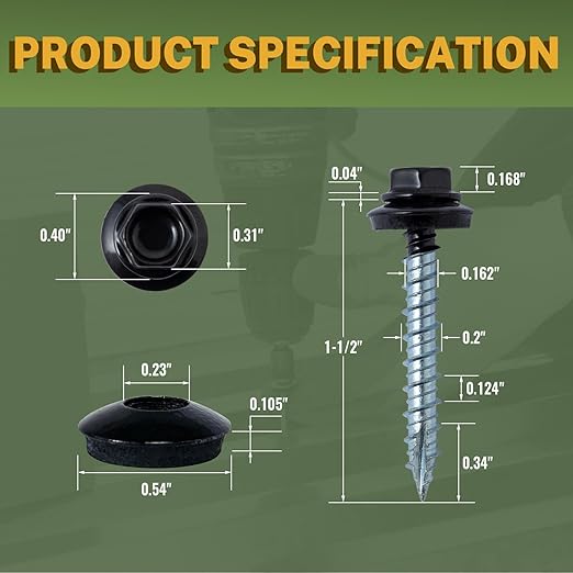 LIONMAX Metal Roofing Screws #10 × 1-1/2 Inch, 300-PCS, Black Painted Hex Head Sheet Metal Roof Screws, Rubber Washer, Sharp Point, Metal to Wood Siding Screws, Hex Socket Included