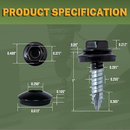 LIONMAX Metal Roofing Screws #14 x 1 Inch, 300-PCS, Black Painted Hex Head Sheet Metal Screw with Rubber Washer, Sharp Point, for Roofing and Siding, Hex Socket Included
