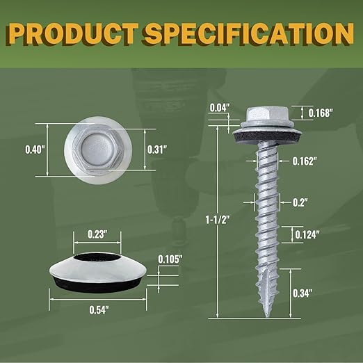 LIONMAX 500-PCS Metal Roofing Screws #10 × 1-1/2 Inch, Rustproof Coating Hex Head Sheet Metal to Wood Siding Screw with Rubber Washer, Sharp Point, Hex Socket Included