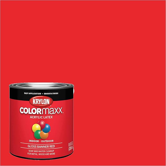 Krylon K05633007 COLORmaxx Acrylic Latex Brush On Paint for Indoor/Outdoor Use, ½ Pint, Gloss Banner Red, 1 Quarts (Pack of 1)