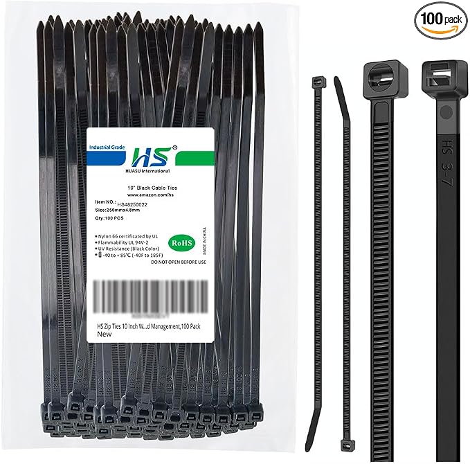 HS 10 Inch Zip Ties Black 50 Pounds Tensile Strength Strong Wide Straps (100 Pack) Nylon PA66 UV Resistant,Self-Locking Medium Electrical Plastic Cable Wire Zipties for Outdoor Use,Multi Purpose