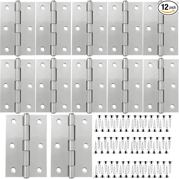 12 PCS 3 inch Stainless Steel Butt Door Hinges with Screws, Brushed/Satin Finish, 1.3mm Thick Small Cabinet & Box Hinges, Silver