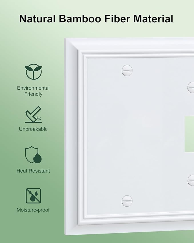 2-Pack Combo Blank/Toggle Light Switch Cover Plate, Pure White Modern Decorative Electrical Outlet Covers, Bamboo Fiber Wall Switch Plates and Outlet Covers