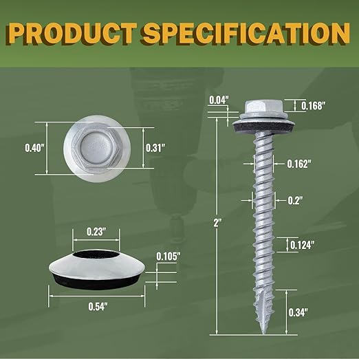 LIONMAX 500-PCS Metal Roofing Screws #10 × 2 Inch, Rustproof Coating Hex Head Sheet Metal to Wood Siding Screw with Rubber Washer, Sharp Point, Hex Socket Included