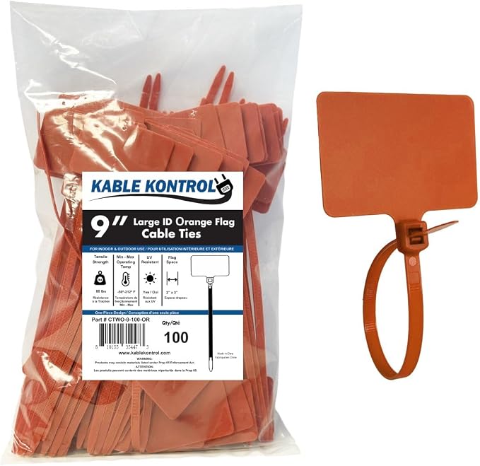 Kable Kontrol Cable Marker Identification Zip Ties 9 Inch 100 Pcs – Orange | Large ID Flag Label Straps, Self-Locking Write on Tags for Ethernet, Power, and Cord Labeling