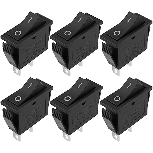 2 Pin 2 Position Boat Shaped Rocker Switch, KCD3-101 ON/Off Snap in Toggle Switch, AC 250V/15A 125V/20A Red Rocker Switch Toggle for Car Auto Boat Household Appliances (Black 6 Pack)