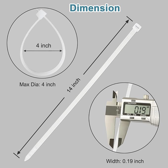 White Zip Ties 14 inch (1000 Pack), Clear, 50 lb, UV Resistant Cable Ties for Outdoor Use, LOCKLOCK