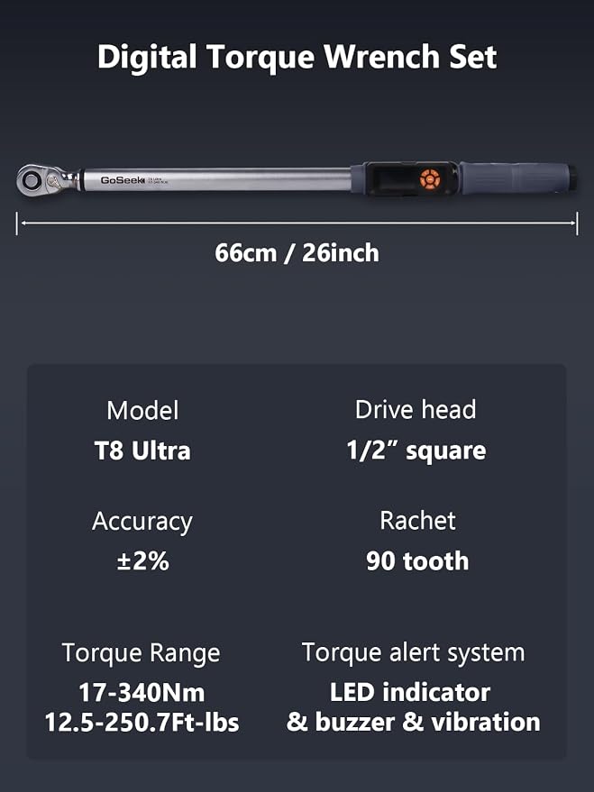 Goseek Upgraded Rechargeable Digital Torque Wrench, 12.5-250.7Ft-lbs/17-340Nm, 1/2'' Drive Electric Torque Wrench Set with Buzzer & LED & Vibration for Car Motor Tires Auto Repair