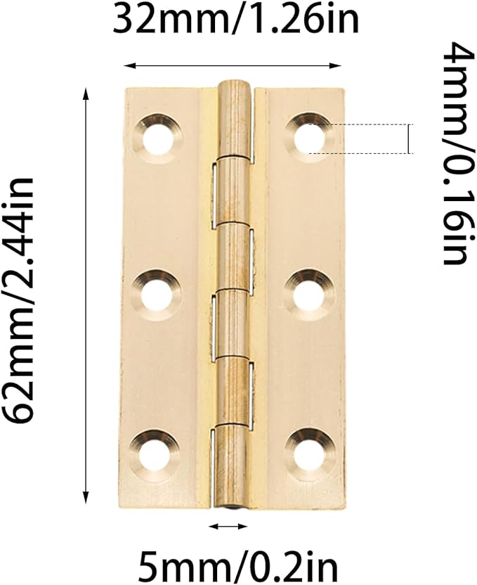 8 Pcs 32mmx62mm / 1.26" x 2.44" Gold Mini Hinges, 2.5 Inch Solid Brass Folding Butt Hinge, Cabinet Hinge for Jewelry Box, Drawer Cabinet Furniture