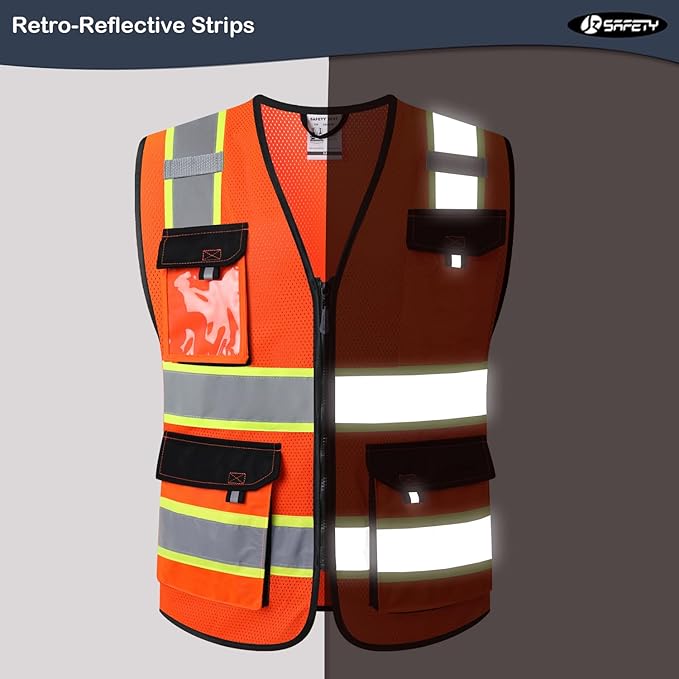 JKSafety Hi Vis Reflective Safety Vests for Men Women High Visibility Vest with Pockets Mesh Fabric Construction Safety Apparel Neon Vest for Work (220-Orange XXL)