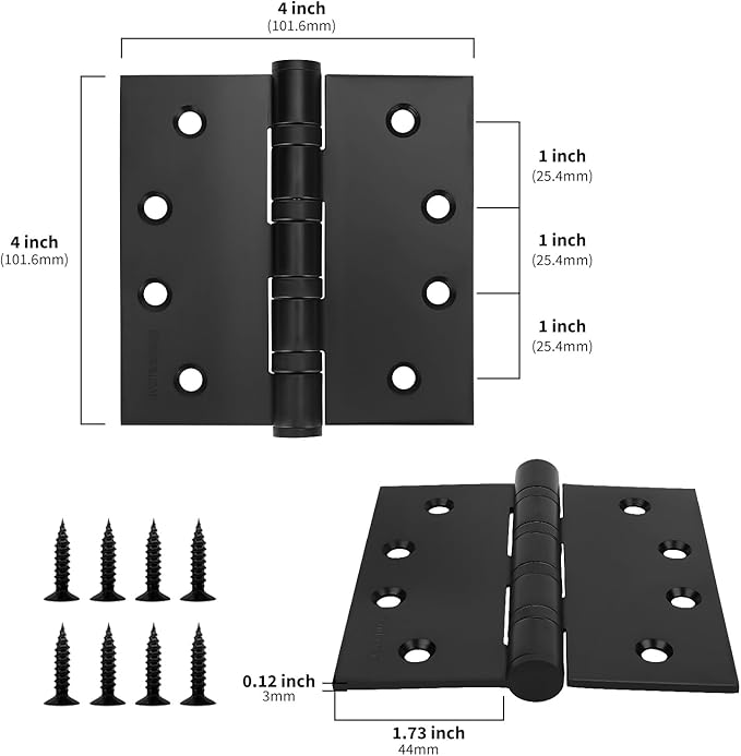 3 Pack goldenwarm Matte Black 4'' Door Hinges for Exterior Doors Ball Bearing Door Hinges 4in x 4in with Square Corners, Heavy-Duty, 304 Stainless Steel