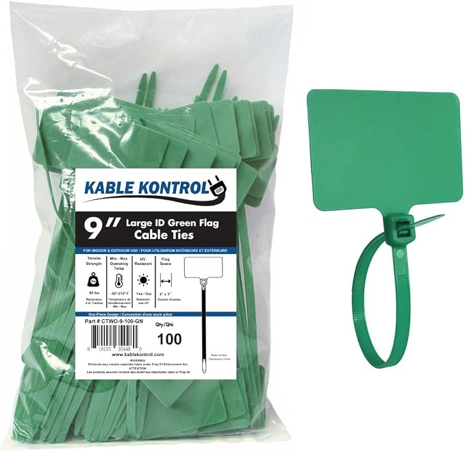Kable Kontrol Cable Marker Identification Zip Ties 9 Inch 100 Pcs – Green | Large ID Flag Label Straps, Self-Locking Write on Tags for Ethernet, Power, and Cord Labeling