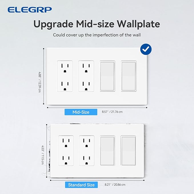 ELEGRP 4-Gang Screwless Decorative Wall Plates, Mid-Size Unbreakable Thermoplastic Faceplate Cover for Decorator Receptacle Outlet Switch, UL Listed (5 Pack, Matte White)