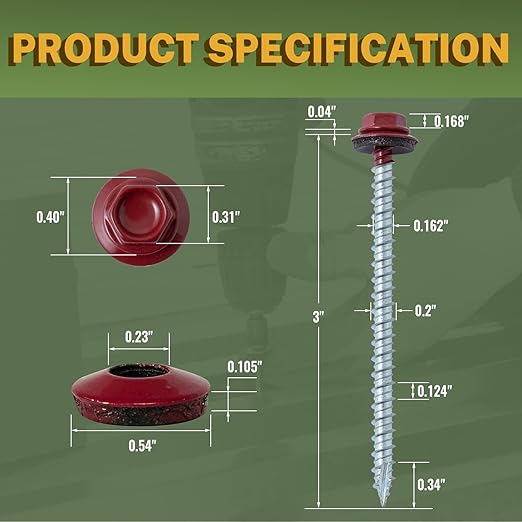LIONMAX Metal Roofing Screws #10 × 3 Inch, 300-PCS, Dark Red Painted Hex Head Sheet Metal Roof Screws, Rubber Washer, Sharp Point, Metal to Wood Siding Screws, Hex Socket Included