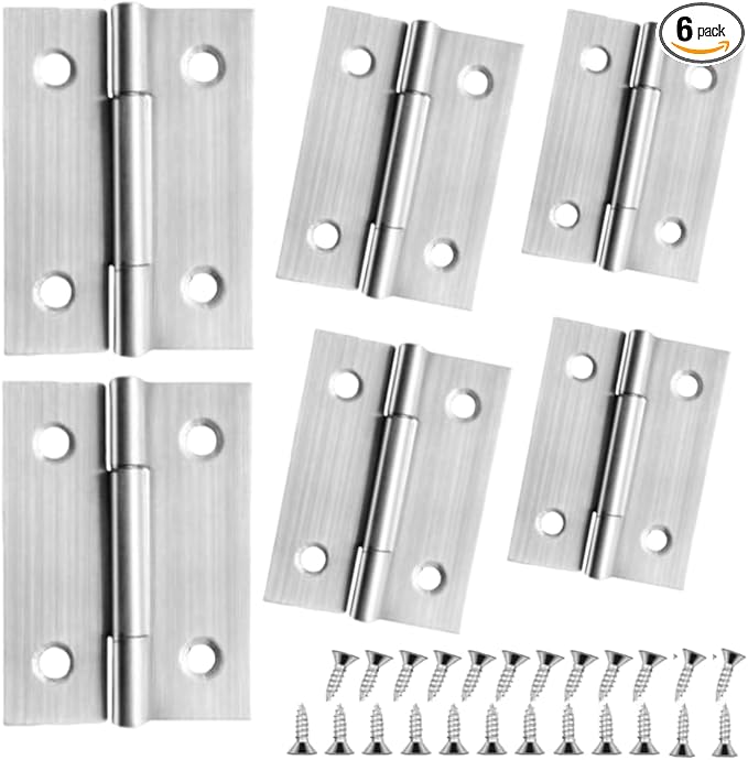 6 PCS Door Hinges 2 inch Stainless Steel Small Hinges Cabinet Hinges for Mini Door, DIY Wooden Box, Furniture, Woodworking Craft Project, Rust-Resistant, 24 Screws, Silver
