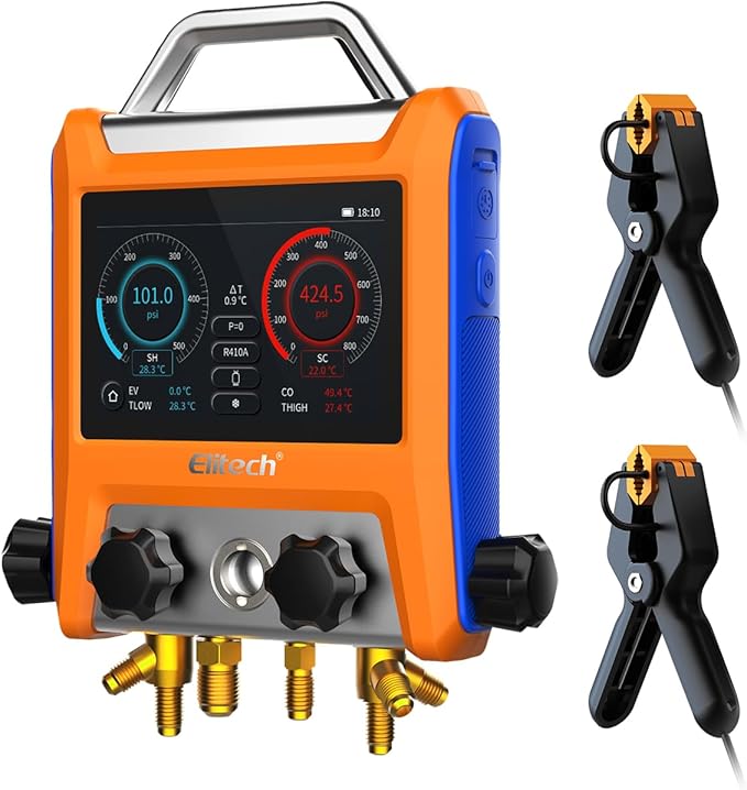 Elitech Digital Manifold Gauge HVAC 4 Valve Manifold Gauge with Hoses Vaccum Sensor Thermometer Clamps, EMG-40V