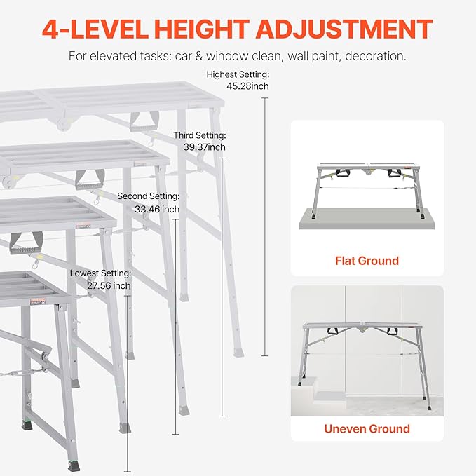 VEVOR Work Platform, 55"x 15" Portable Scaffolding Platform, Folding Steel Step Ladder Adjustable Height 27.5”-45.3”, 800 lbs Load Capacity, Non-Slip Drywall Painting Stool for Cleaning &Washing